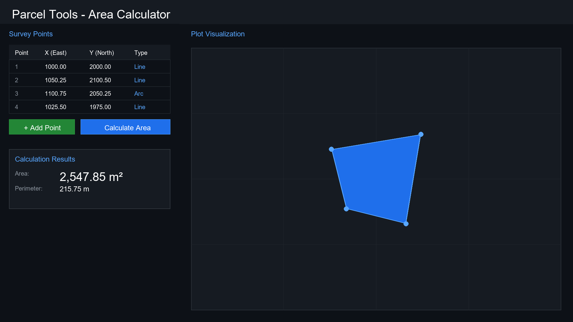 Parcel Tools Area Calculator - Survey points input and plot visualization